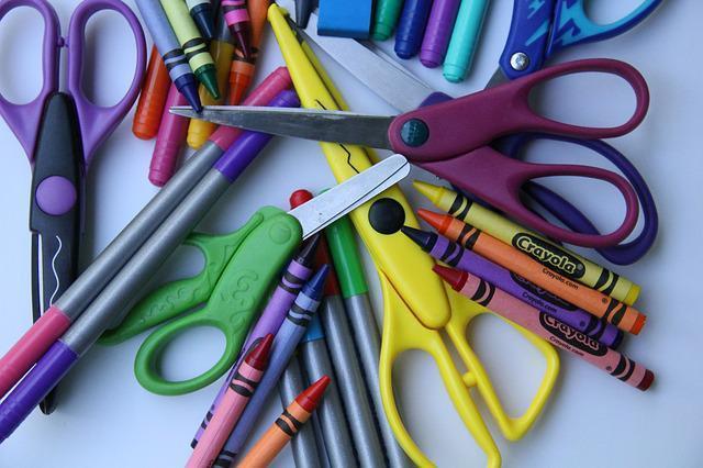 Scissors, crayons and pens