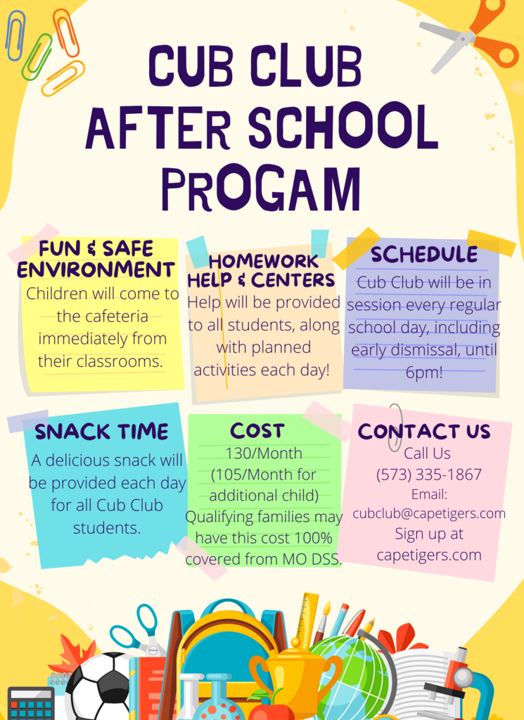 Cub Club is our after school program for elementary students until 6 pm each day!