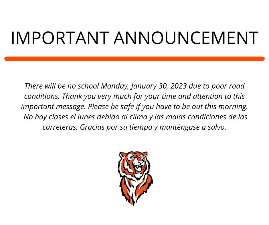 No school January 30, 2023 due to ice.