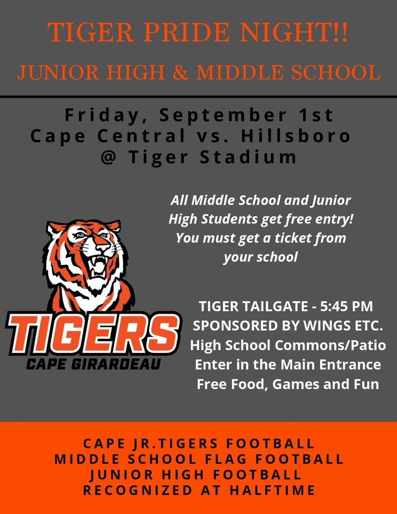 Flyer for Tiger Pride Night, September 1st , football game. The tailgate begins at 5:45 p.m. and the game at 7:00 p.m.
